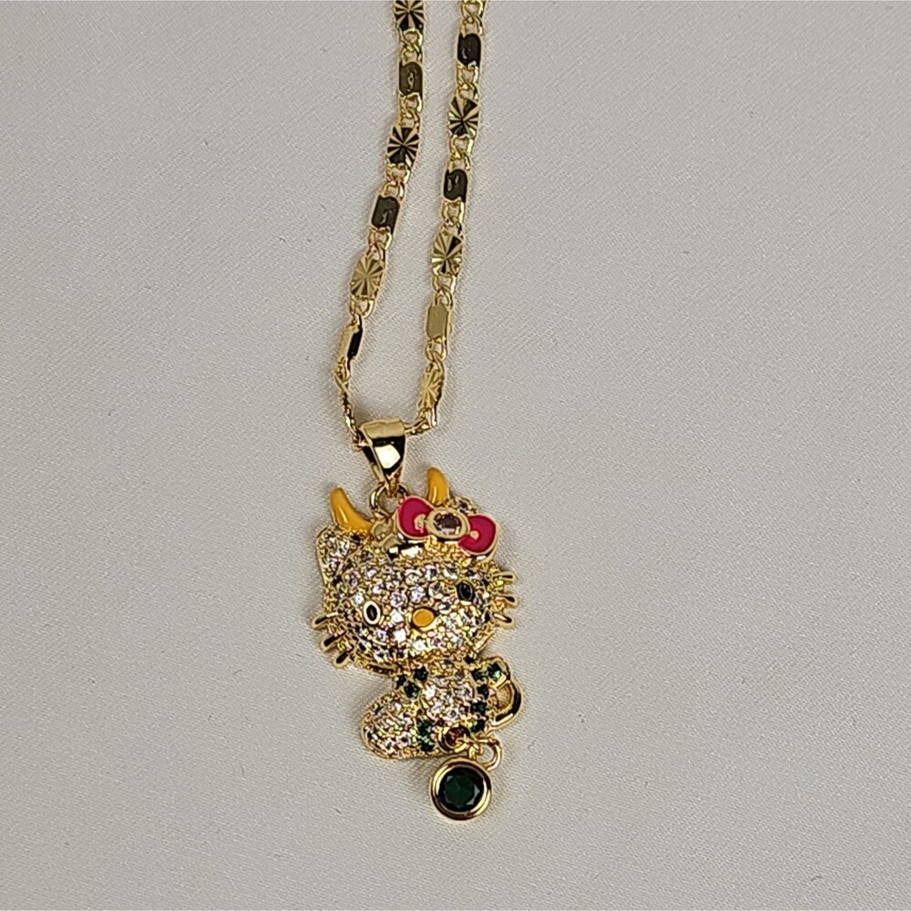 Hello Demon Kitty Rhinestone Pendant Necklace Gold Tone Heavy Chain